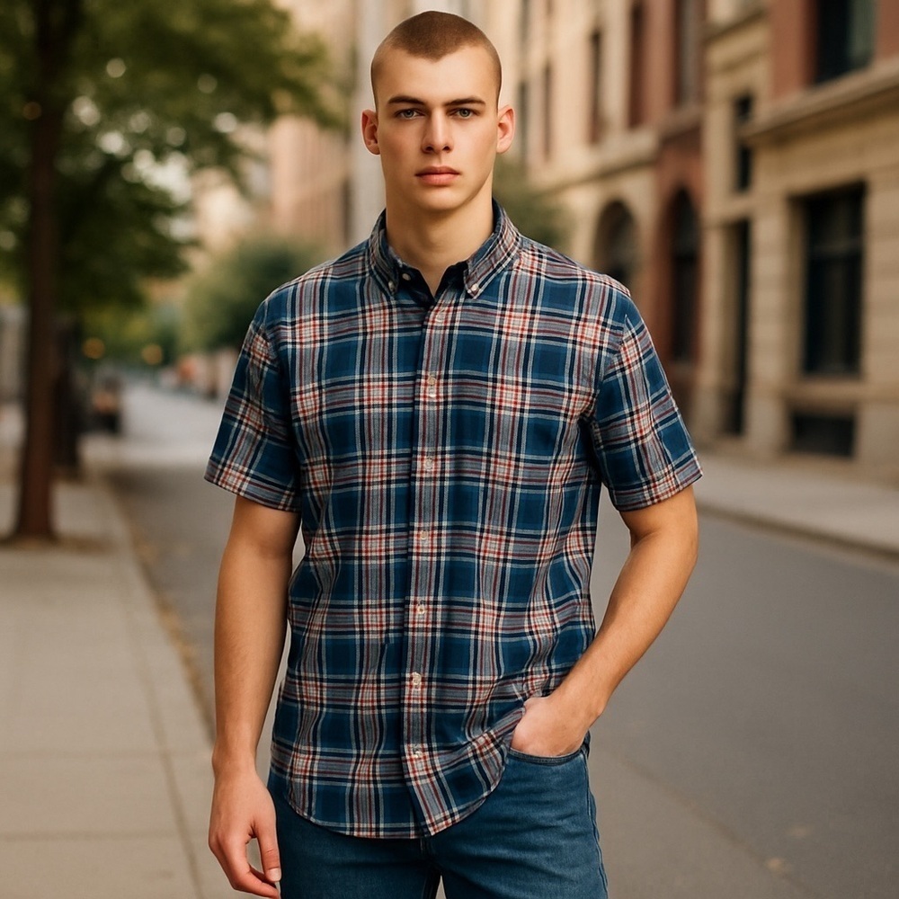 Lands' End Men's Large Short Sleeve Collared Cotton Blue Plaid Button-Up Shirt